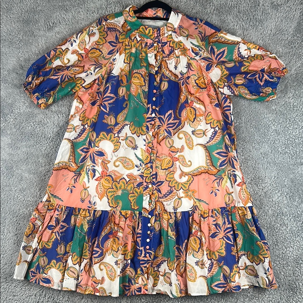 Antonio Melani Puff Sleeve Mandarin Collar Multicolor Boho Dress Women’s Size 10